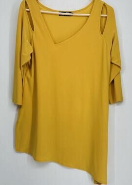 Sympli Canada Mustard Cold Shoulder Asymmetrical Tunic Top Women’s 12 Travel